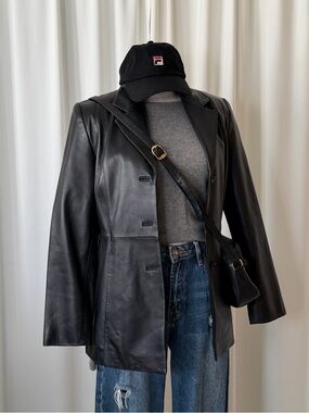 Vintage Y2K Valerie by Valerie Stevens Black Leather Blazer Jacket Size Small